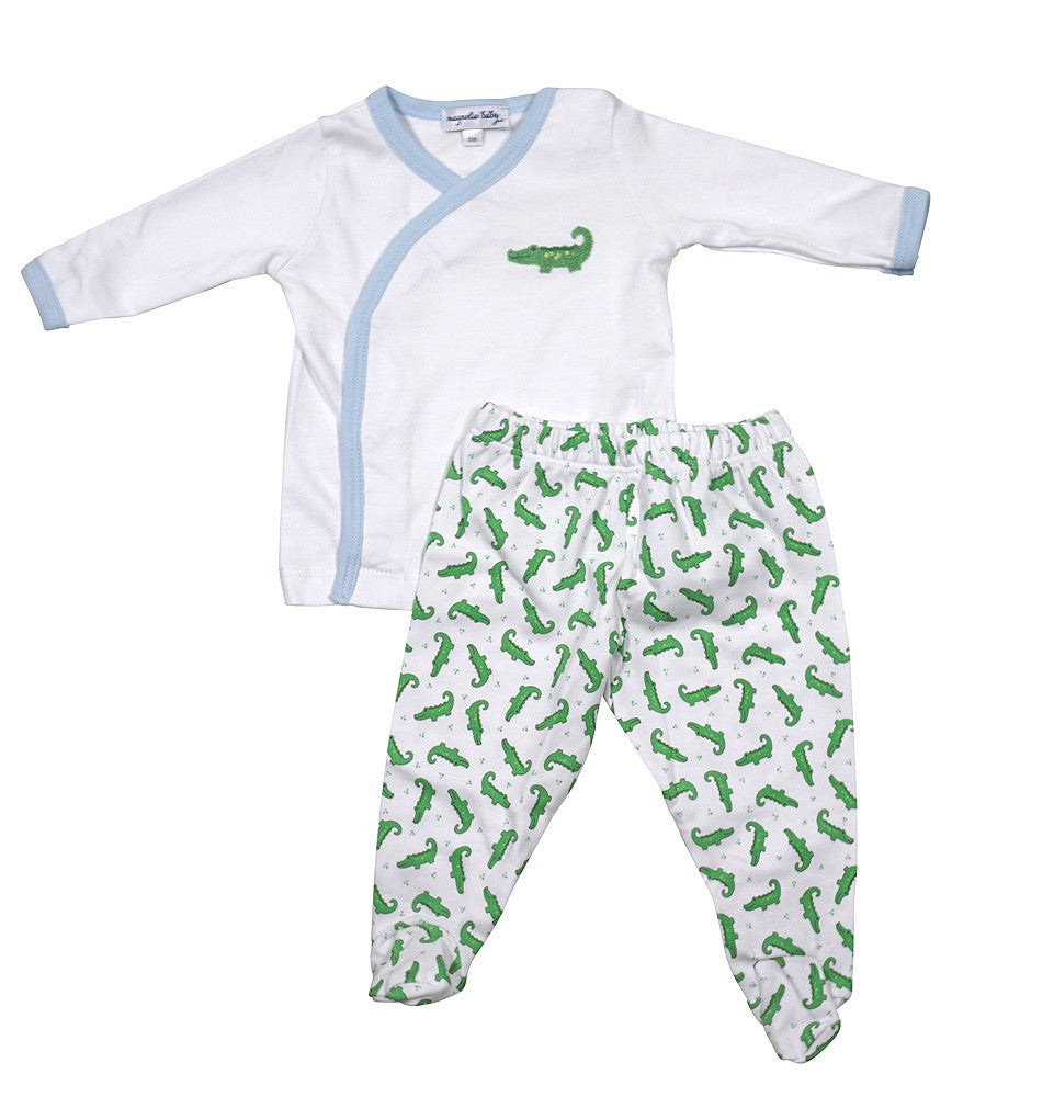 Magnolia Baby Boys Tiny Alligator Printed Cross-Tee Footed Pant Set