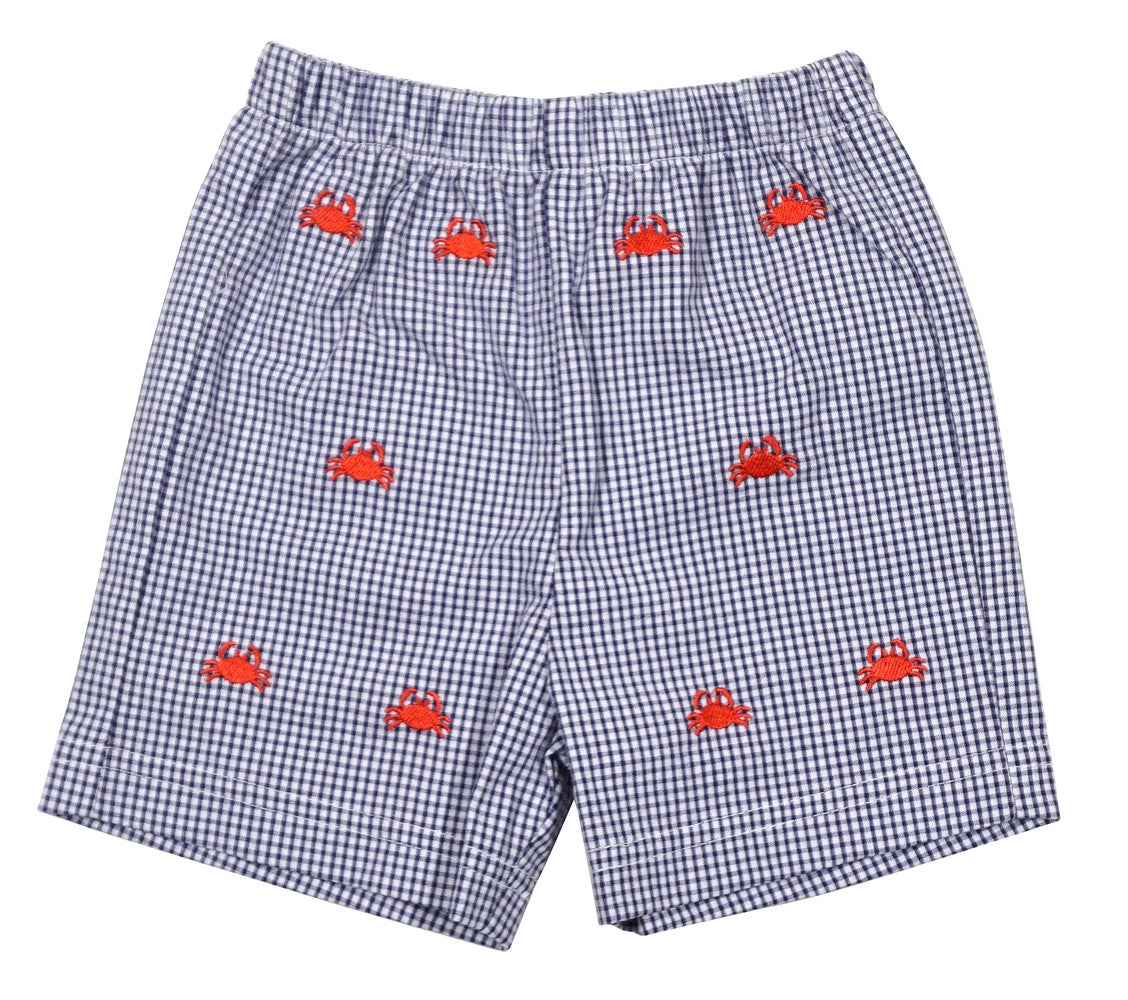 Anavini Boys Navy Blue Check Seersucker Shorts - Embroidered Red Crabs