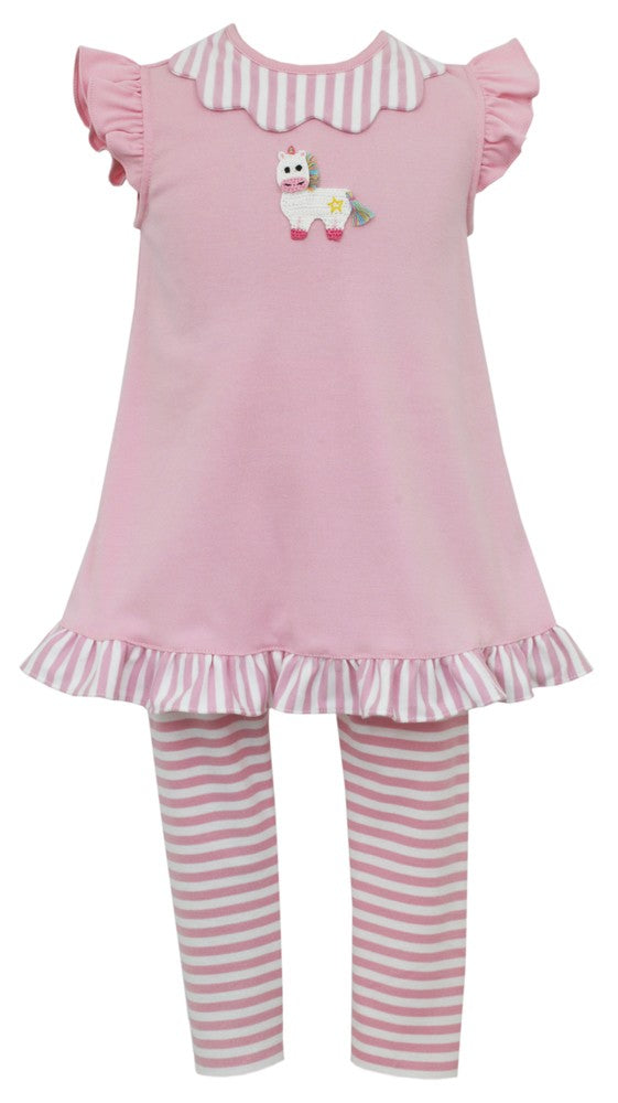 Claire & Charlie Girls Pink Scallop Collar Unicorn Tunic - Striped Capri Leggings by Claire & Charlie