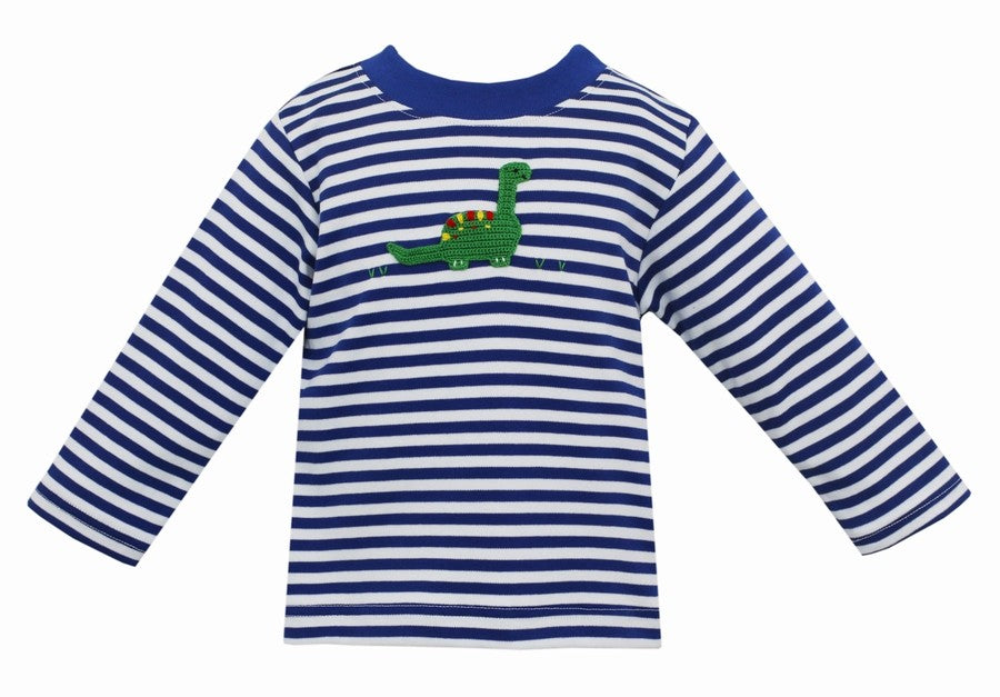 Claire & Charlie Baby / Toddler Boys Royal Blue Stripe Shirt - Crochet Dinosaur