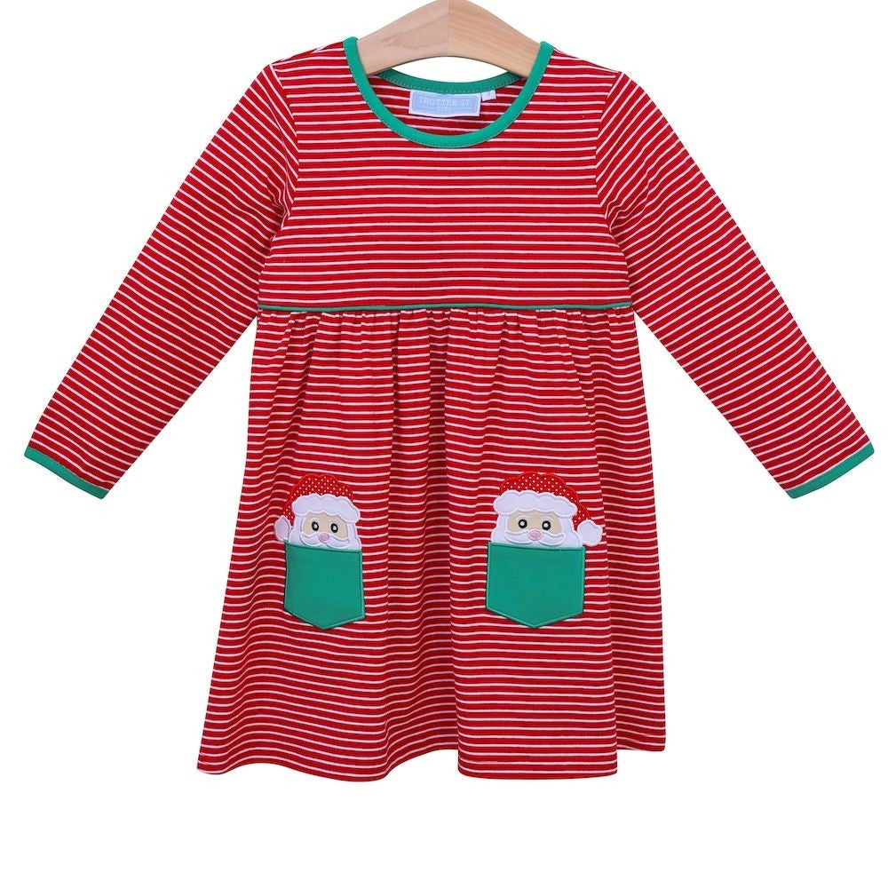 Trotter Street Kids Girls Christmas Dress - Red with Santa Claus Pockets