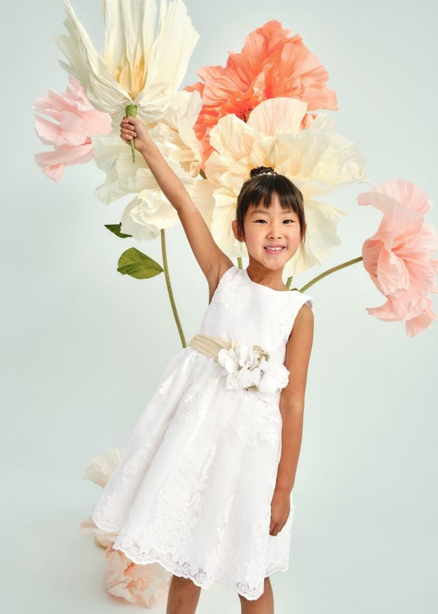 Abel & Lula Girls Organdy Embroidered Special Occasion Dress - Flower at Waist