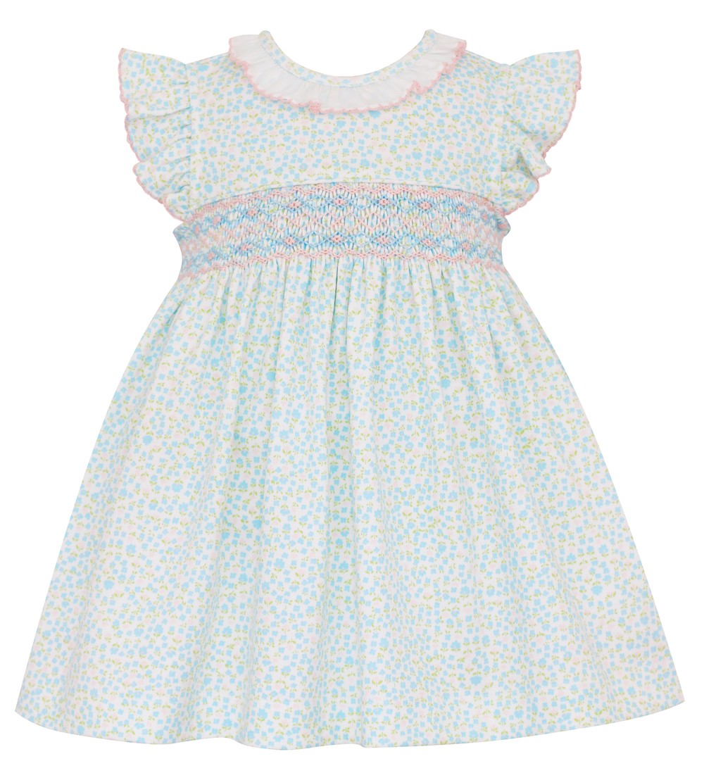 Petit Bebe Baby / Toddler Girls Aqua Blue Floral Knit Smocked Dress - Ruffle Collar