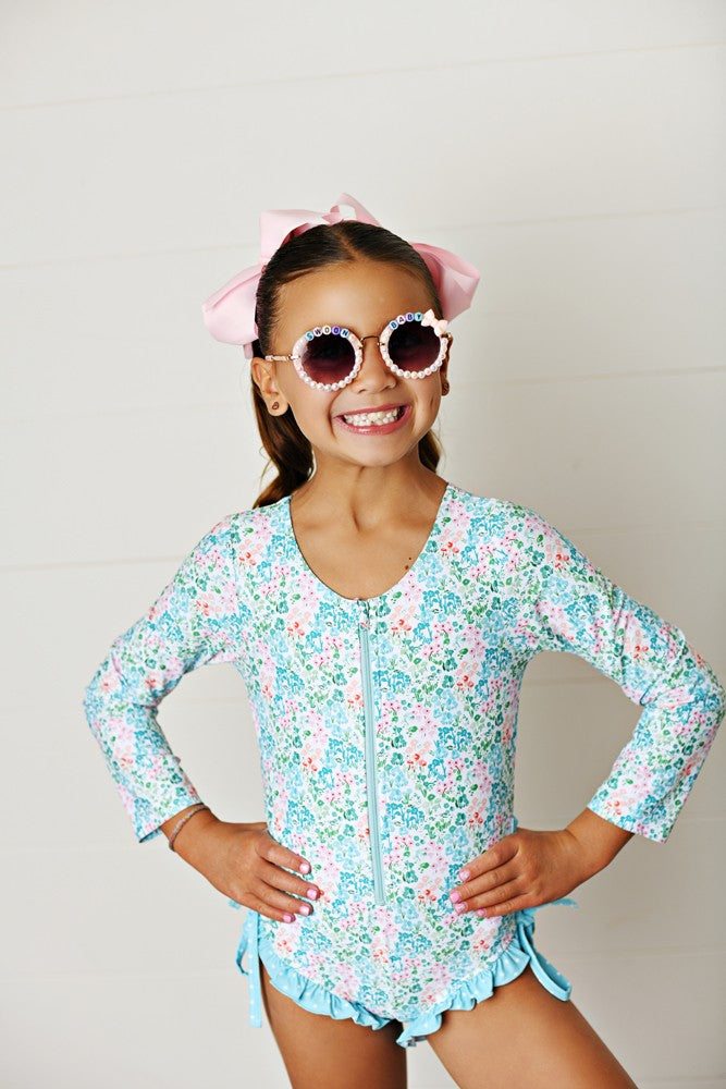 Swoon Baby Girls UPF 50 Zip Front Rash Guard Swimsuit - Blue Floral