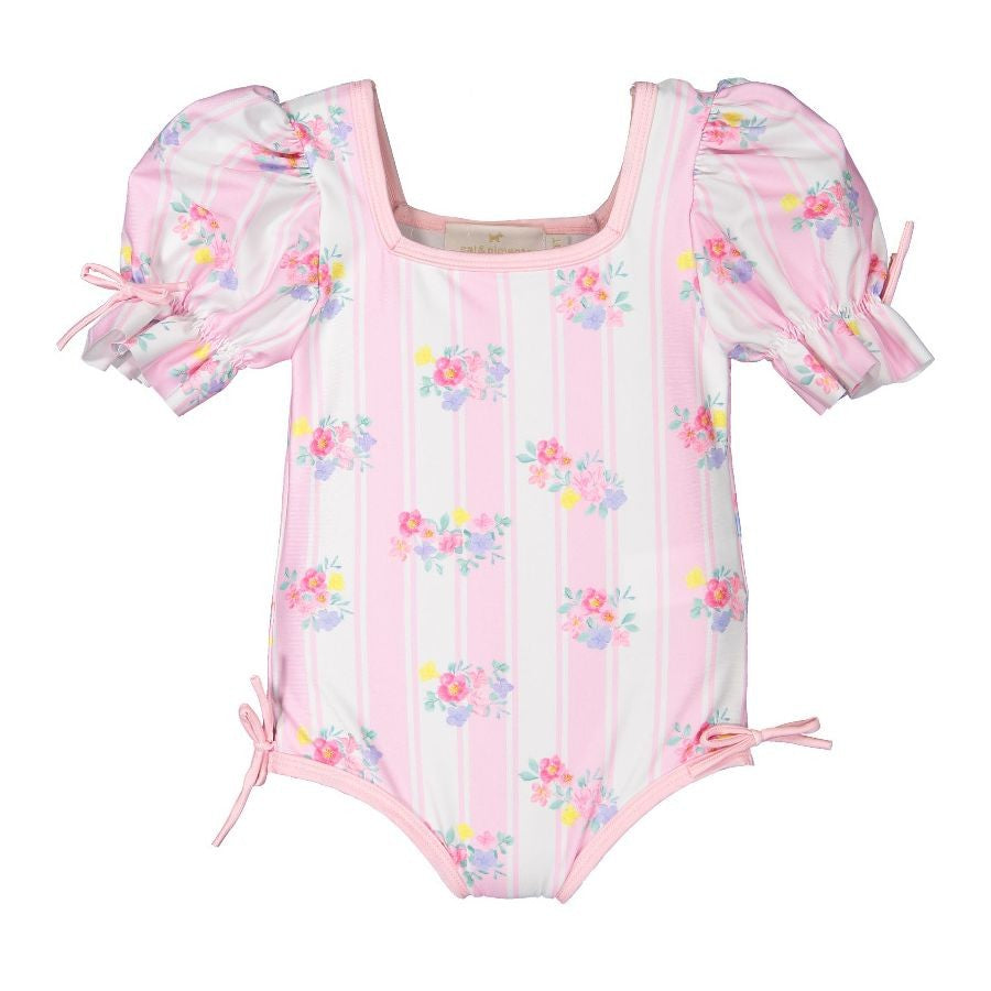 Sal & Pimenta Girls Puff Sleeve Swimsuit - Pink Stripes & Floral Treville