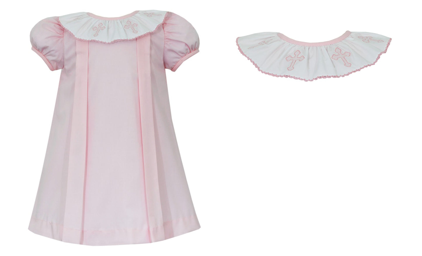 Anavini Girls Pink Dress - Ruffle Collar with Embroidered Crosses