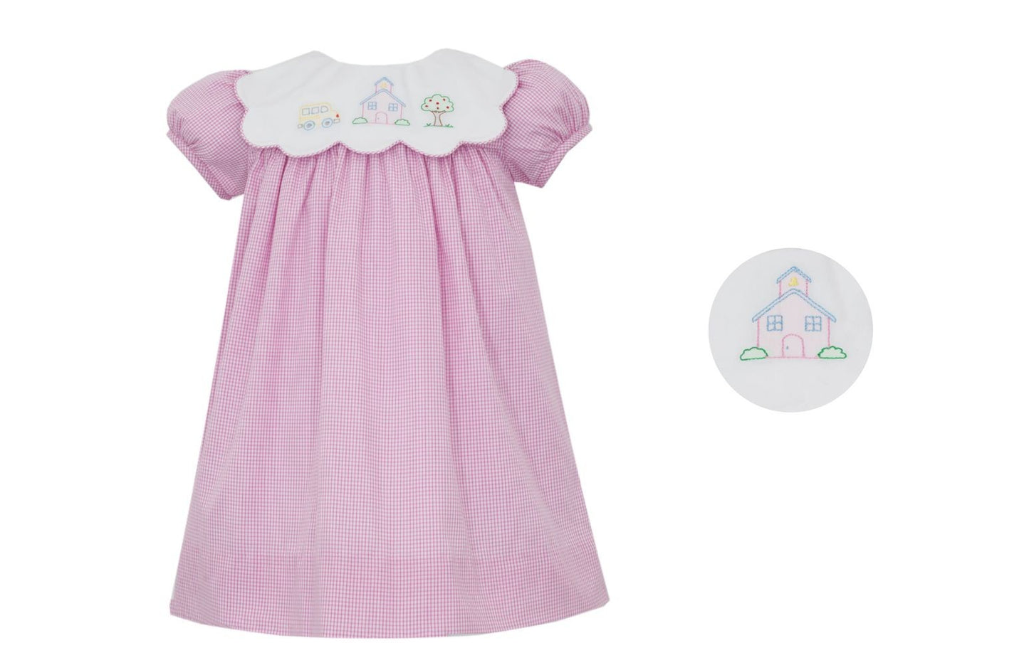 Anavini Girls Pink Check Dress - Scallop Collar - Back to School Embroidery
