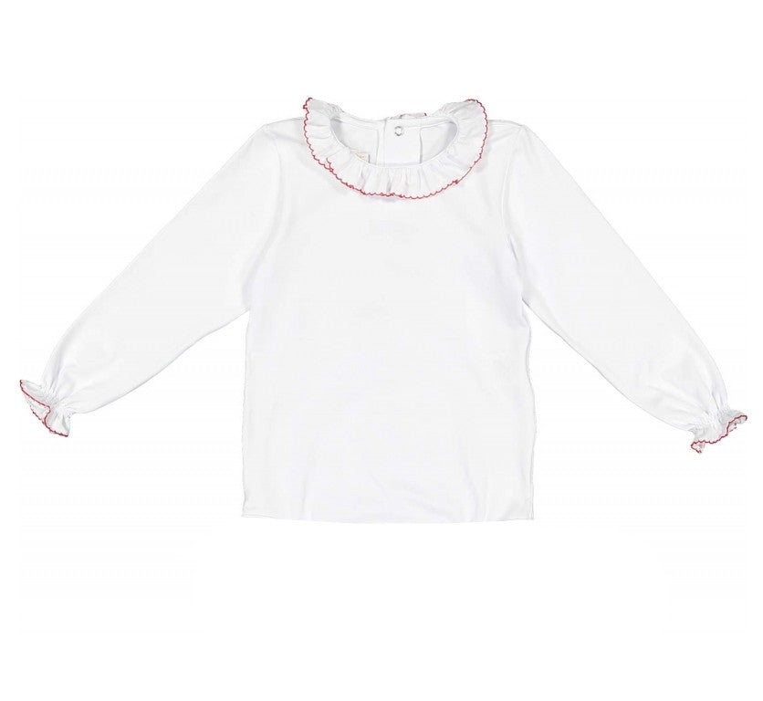 Sal & Pimenta Girls White Knit Blouse - Ruffle Neck - Trimmed in Red