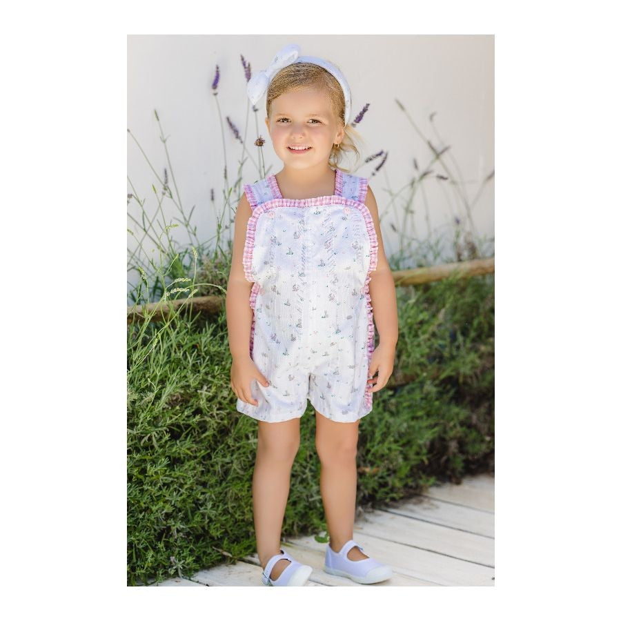 Sal & Pimenta Girls Shortall - Garden Bunnies - Pink Gingham Bow on Back