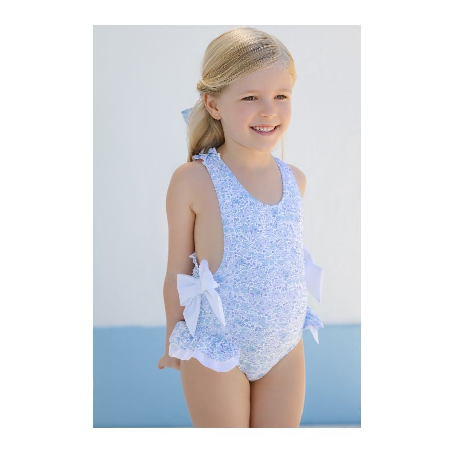 Sal & Pimenta Girls Blue Ditsy Floral Swimsuit - Bows at Hips