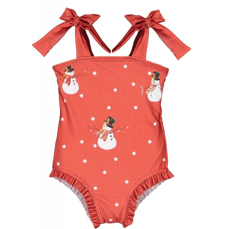 Sal & Pimenta Girls Swimsuit - Ties at Top - Red Snowman