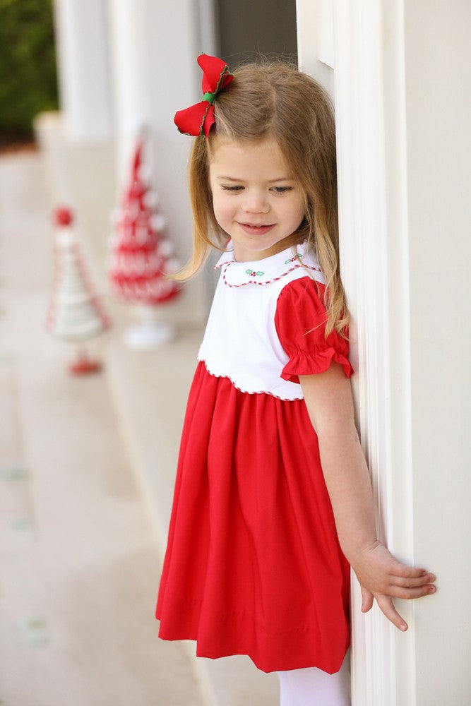 Proper Peony Girls Dress - Red Tinsel Christmas Holly Collar