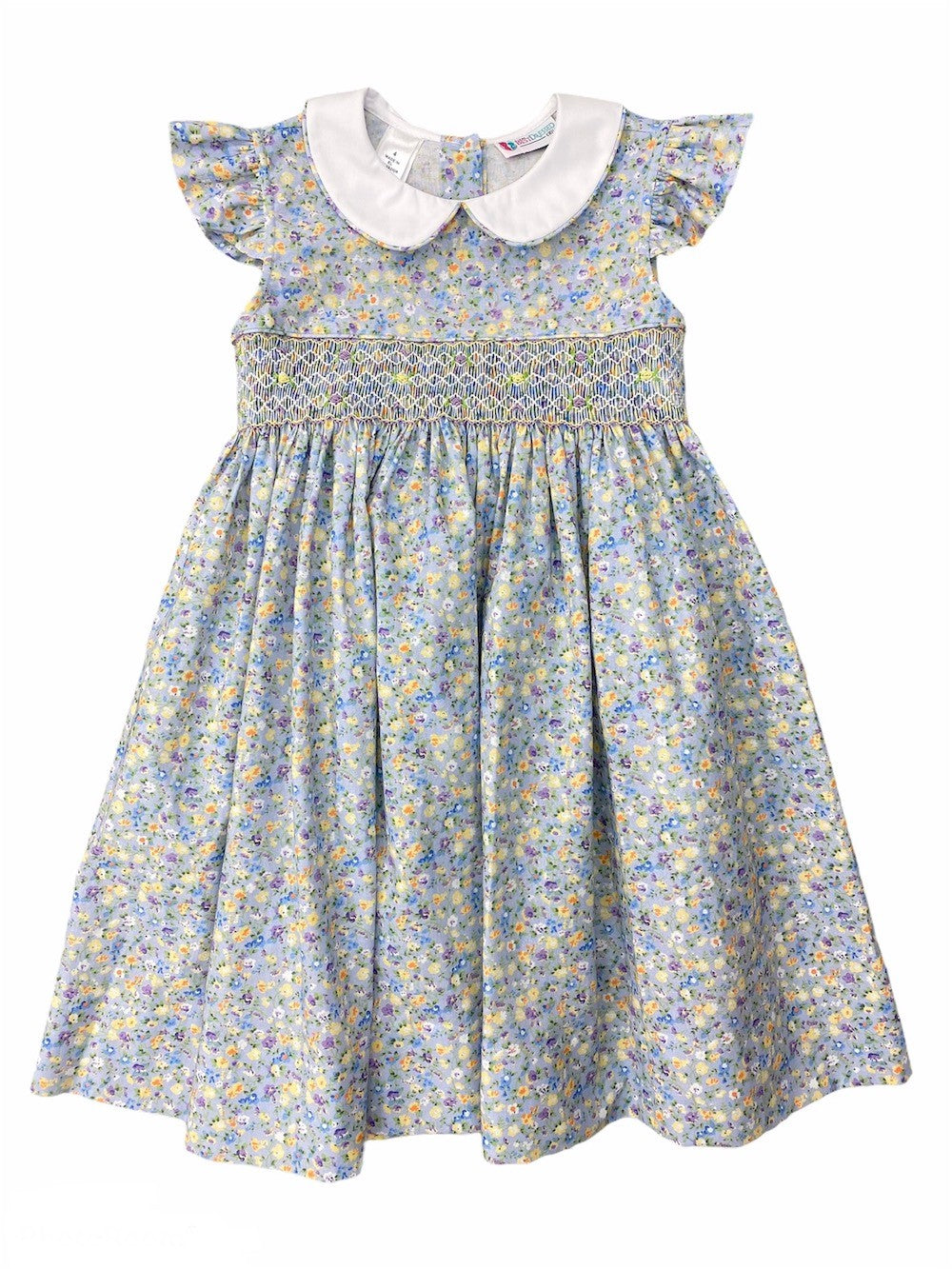 The Best Dressed Child Girls Blue / Yellow Floral Smocked Dress with Collar