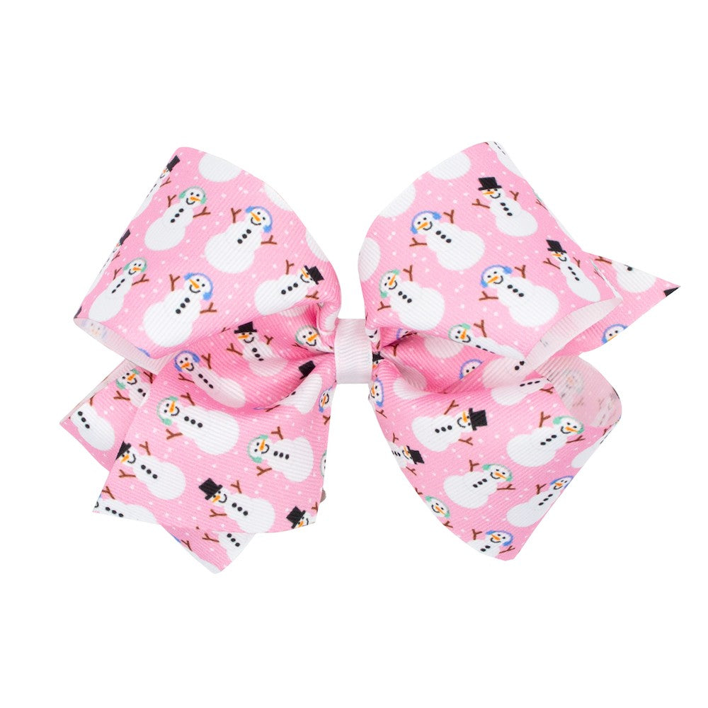 Wee Ones Girls Holiday Hair Bow - Snowman Print on Pink