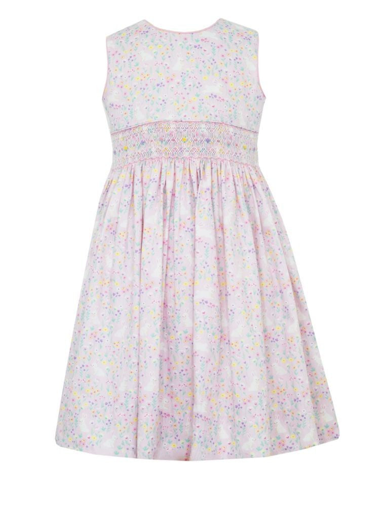 Claire & Charlie Girls Pink Easter Bunny Print Sleeveless Smocked Dress