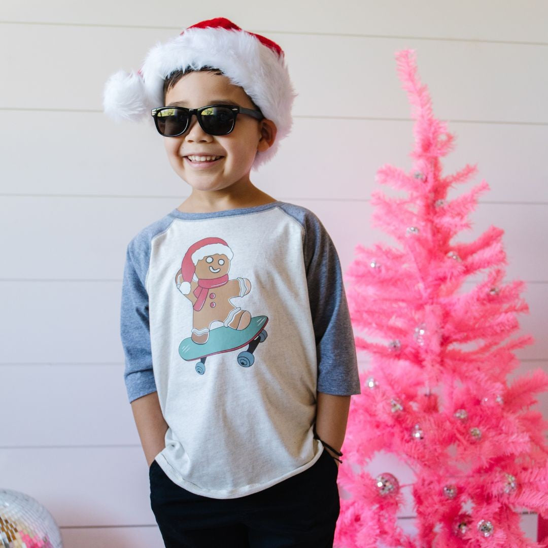 Sweet Wink Gingerbread Boy Skater Christmas 3/4 Shirt - Natural/Heather