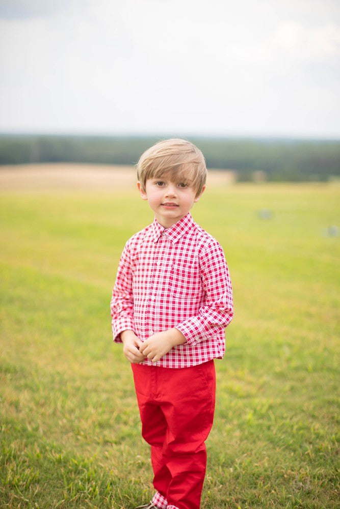 Proper Peony Boys Dress Shirt - Golden Bells Red Christmas Check by Proper Peony