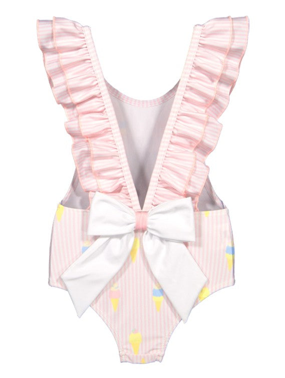Sal & Pimenta Girls Ruffle Swimsuit - I Melt With You Ice Cream Print - Bow on Back - Pink