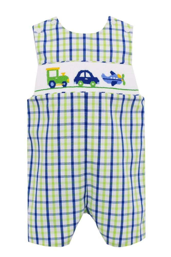Anavini Velani Boys Green & Blue Plaid Jon Jon - Smocked Transportation Theme