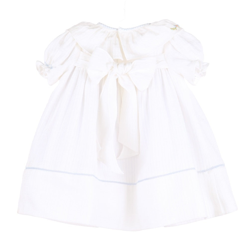 Sophie & Lucas Girls Pumpkin Embroidery Ruffle Dress - White with Blue