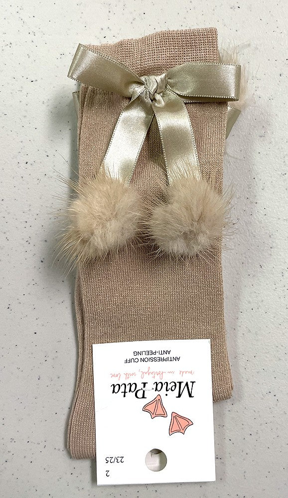 Meia Pata Girls Socks - Knee High - Satin Bow & Faux Fur Pom Poms - Gold Lurex