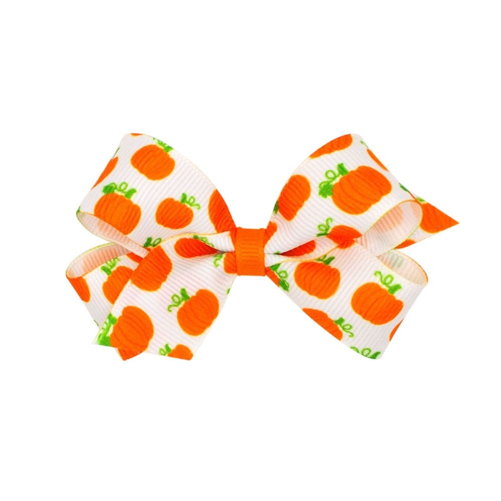 Wee Ones Girls Harvest Theme Printed Grosgrain Bow - Orange Pumpkins