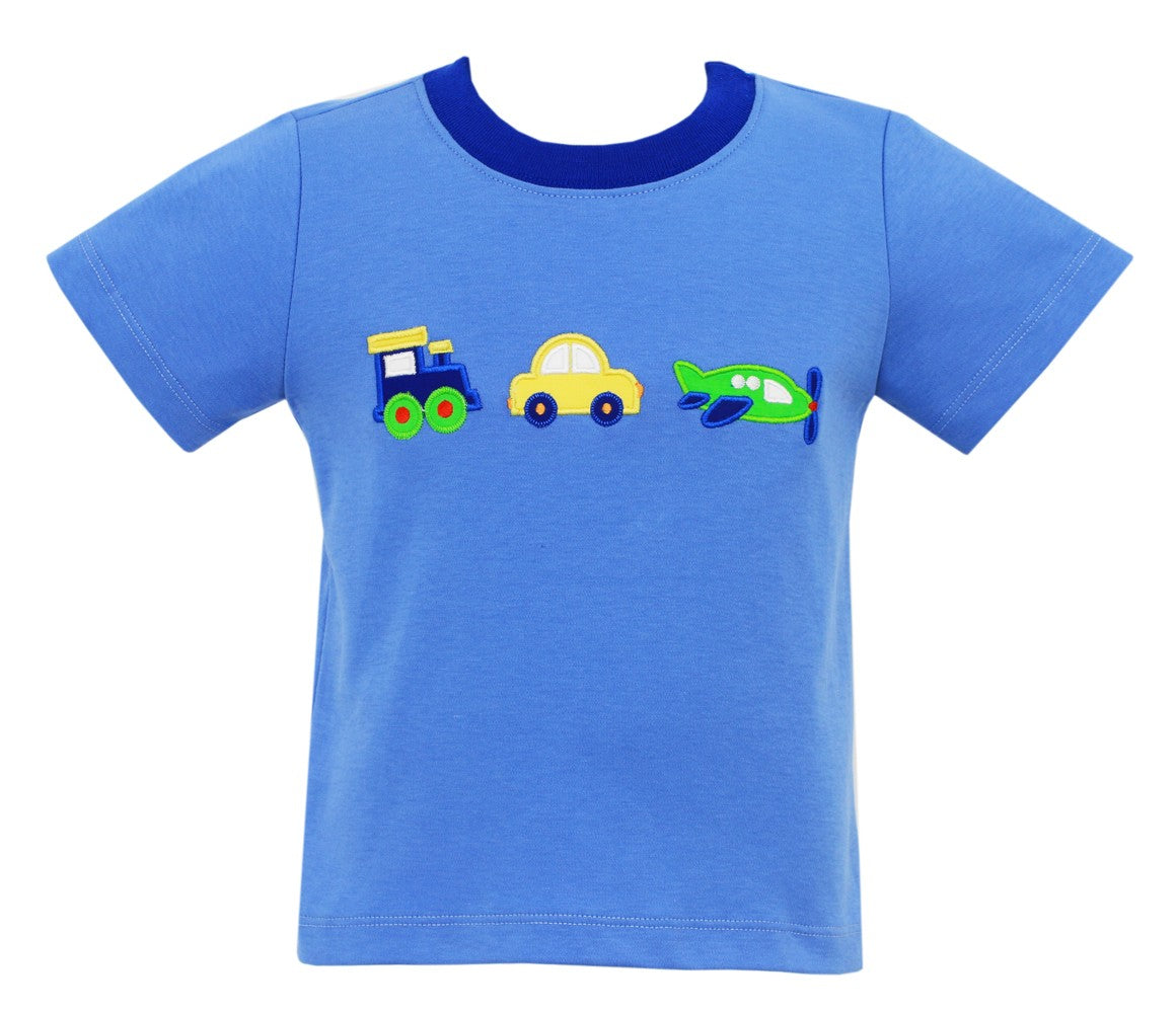 Claire & Charlie Boys Shirt - Periwinkle Blue Solid - Applique Train Car & Plane by Claire & Charlie