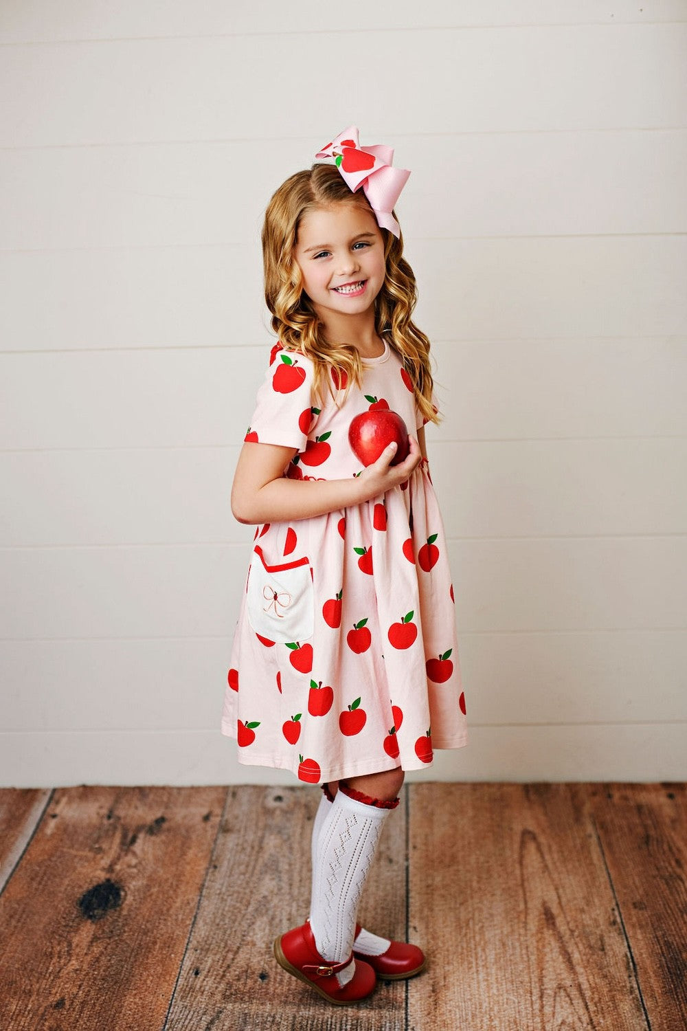 Swoon Baby Girls Pink / Red Apples Pocket Embroidery School Dress