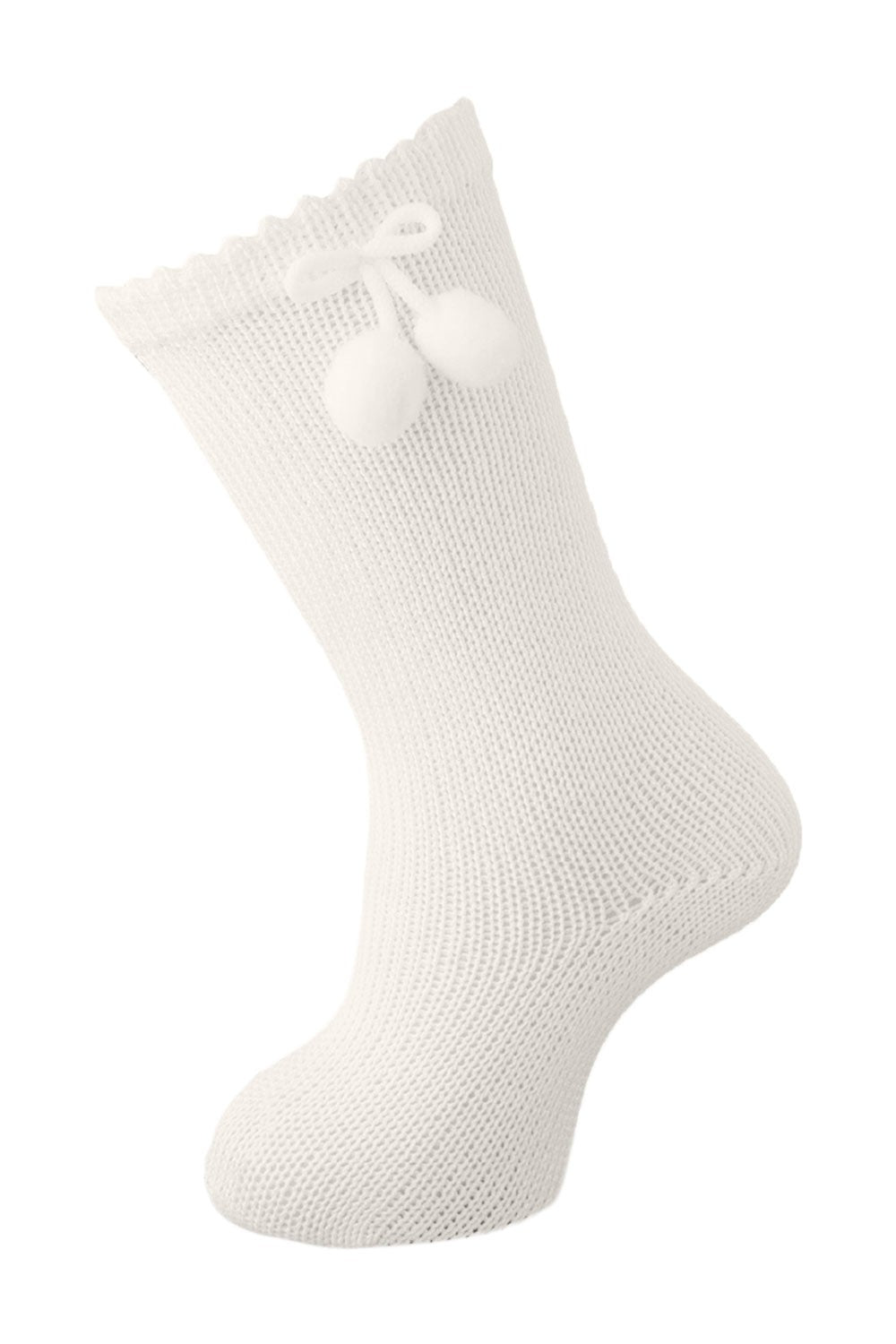 Carlomagno Socks - Girls Scottish Yarn Knee High Socks with Pom Poms - Natural Ivory