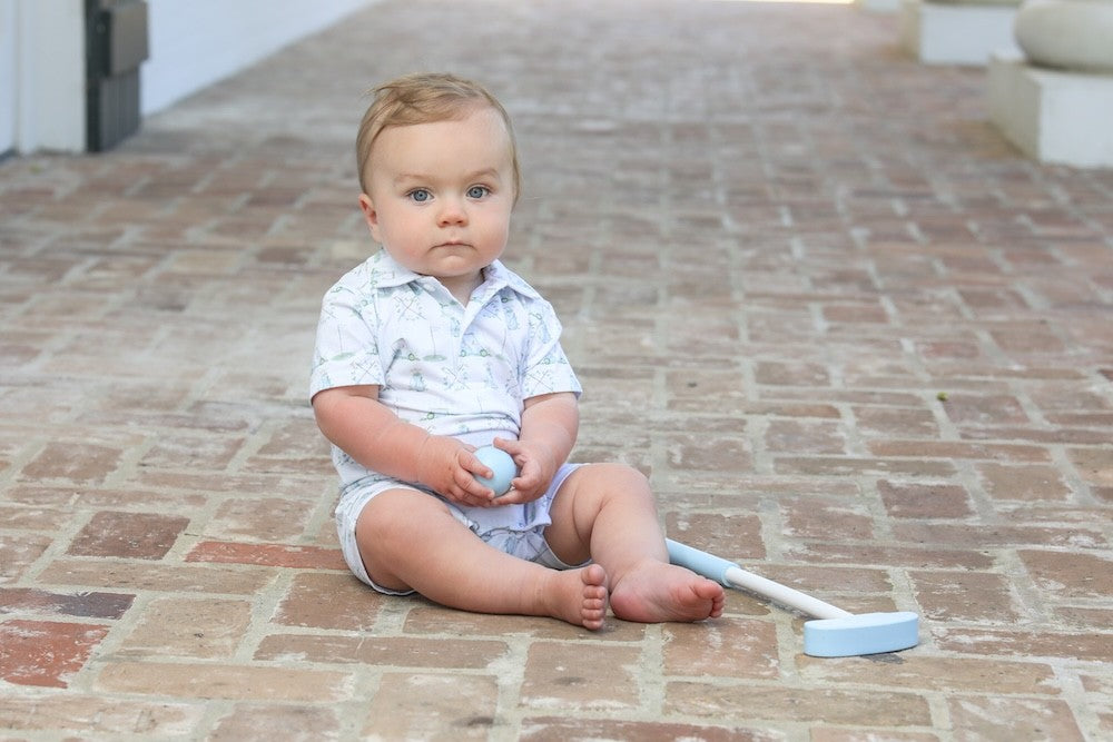 Trotter Street Kids Baby Boys Blue Golf Hole in One Print Polo Romper
