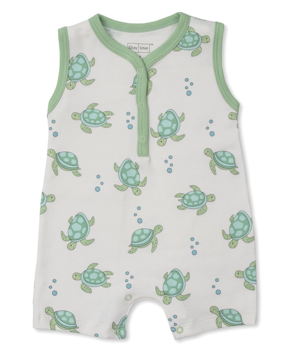 Kissy Kissy Love Boys Sleeveless Romper - Green Playful Turtles