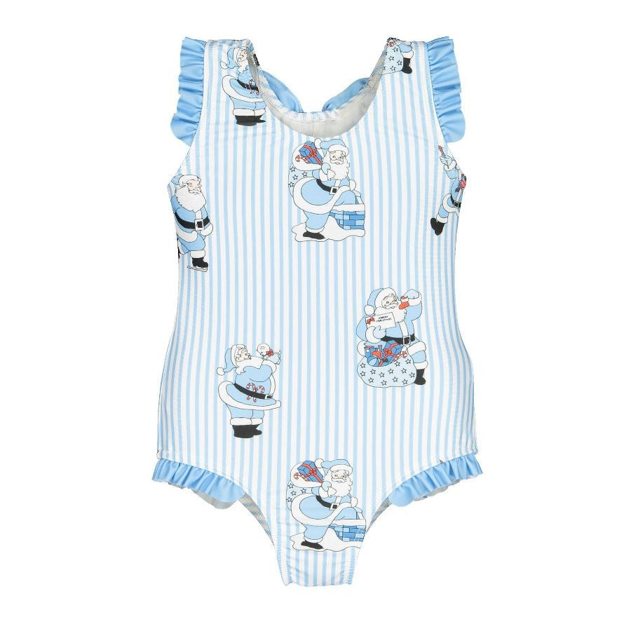 Sal & Pimenta Girls Swimsuit - Bow in Back - Santa on Blue Stripes