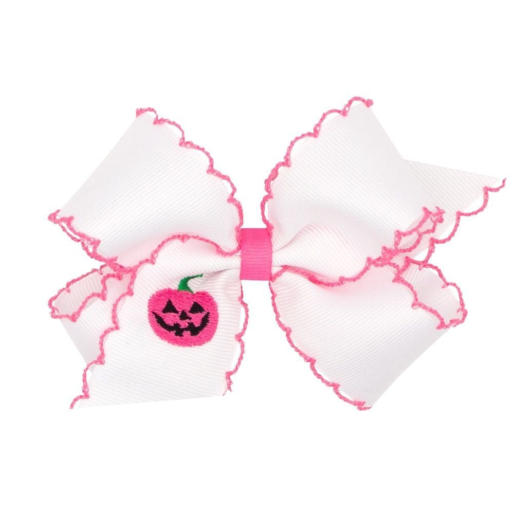 Wee Ones Girls Hair Bow on Clip - Embroidered Pink Halloween Jack O'Lantern on White