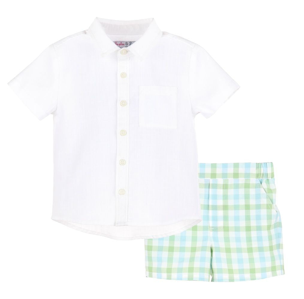 Sophie & Lucas Boys Short Set - Blue & Green Plaid Shorts with Shirt