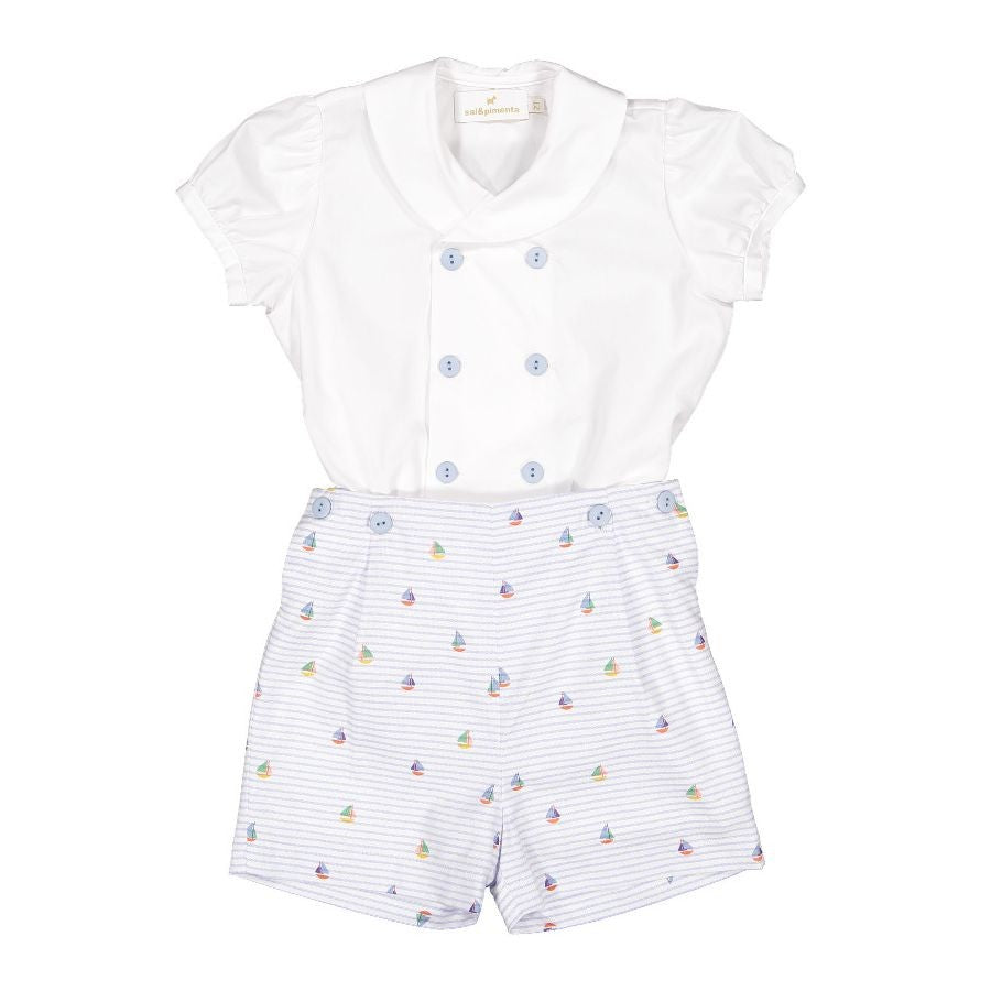 Sal & Pimenta Boys Blue Nautical Button On Set - Sailor Collar