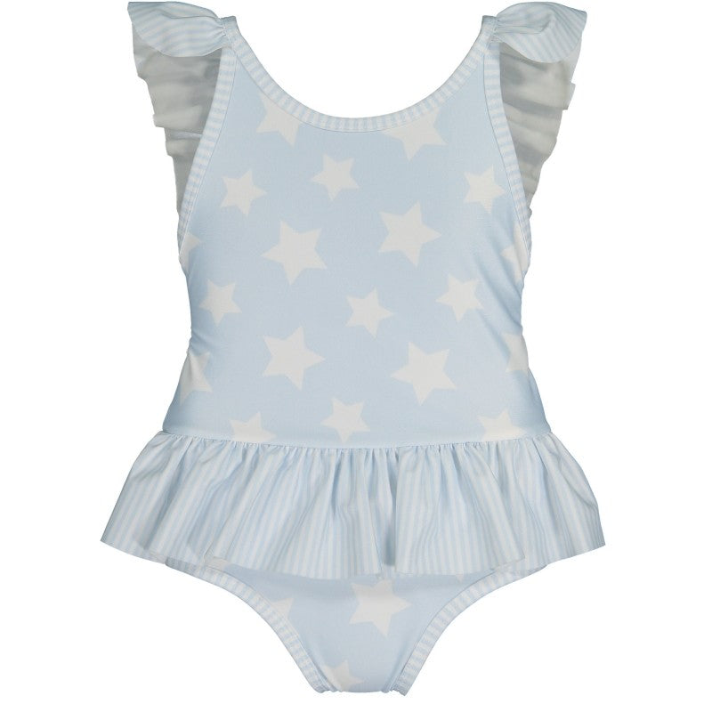 Sal & Pimenta Girls Swimsuit - Ruffle One Piece - Bow on Back - Blue Sky with White Stars