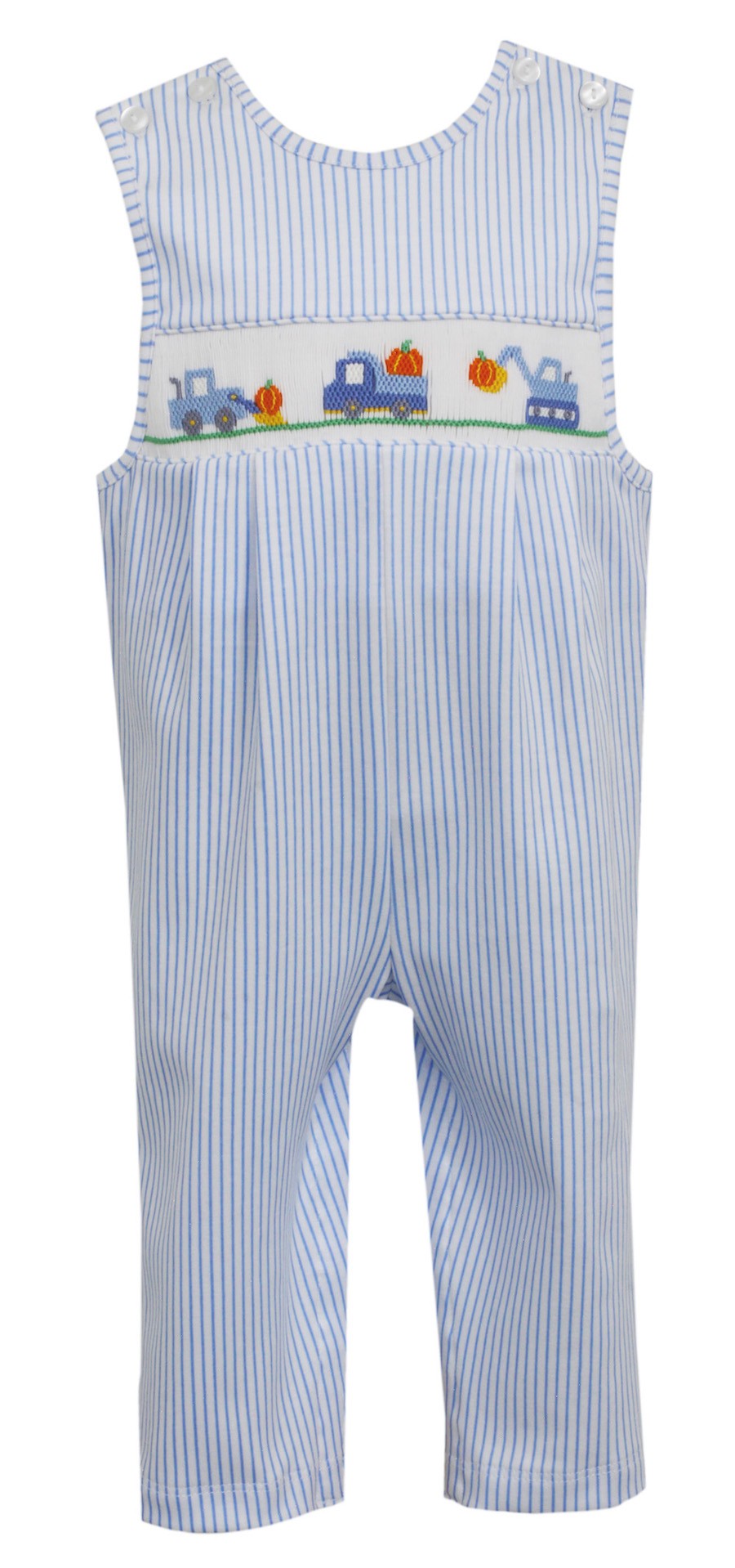 Petit Bebe Baby / Toddler Boys Blue Stripe Knit Smocked Pumpkin Constuction Trucks Longall by Petit Bebe