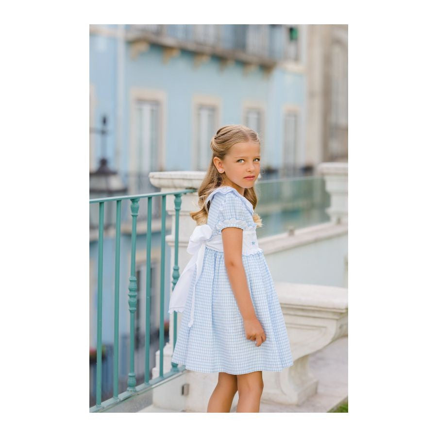 Sal & Pimenta Girls Dress - Blue Check Embroidered Bows Dress with Sash