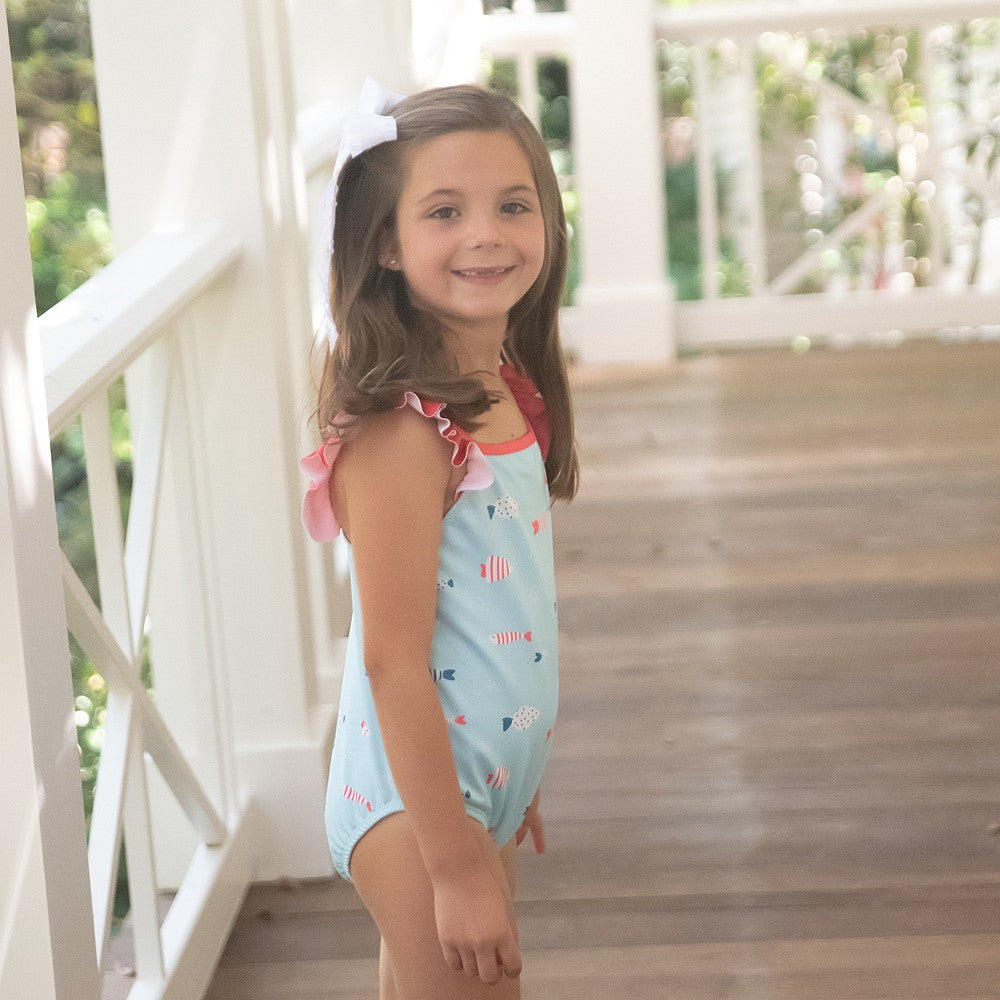 James & Lottie Girls Frances One Piece Bathing Suit - Blue Fish