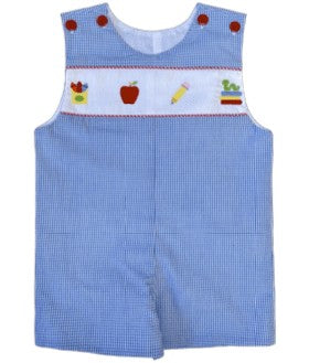 LuLu BeBe Boys Blue Gingham Jon Jon - Back to School Embroidery