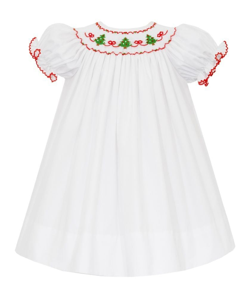 Petit Bebe Baby Girls White Bishop Dress - Smocked Christmas Trees - 9M Petit Bebe Baby Girls White Bishop Dress - Smocked Christmas Trees - 9M