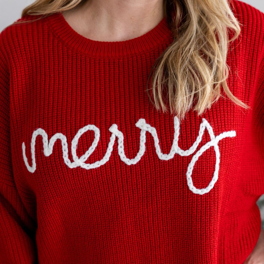 Sweet Wink Girls Red Yarn Knit Sweater - Script Merry