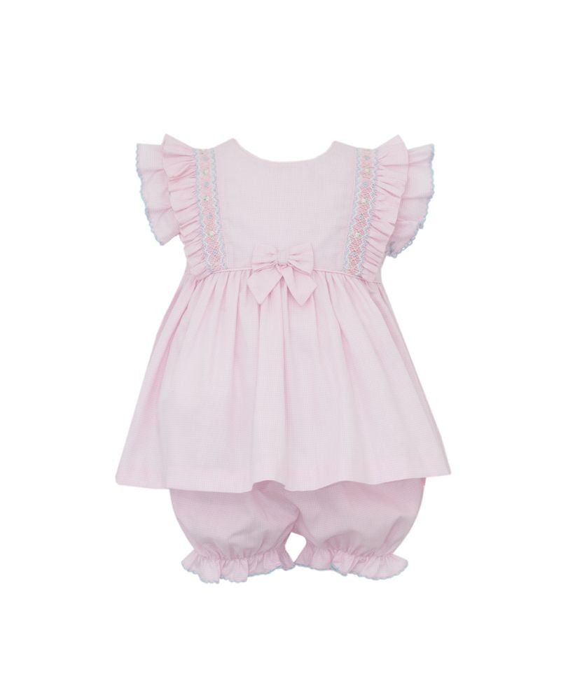 Anavini Girls Pink Bloomers Set - Bow and Smocked Ruffle Sleeves