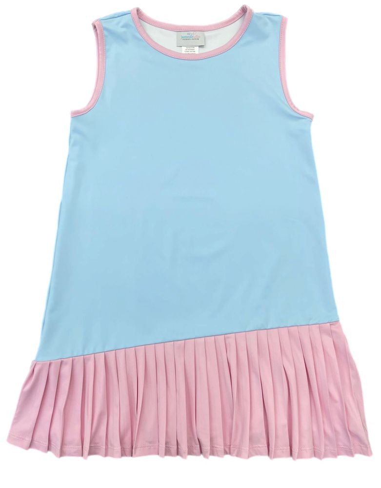 James & Lottie Girls Vivi Tennis Dress - Blue with Pink Pleats