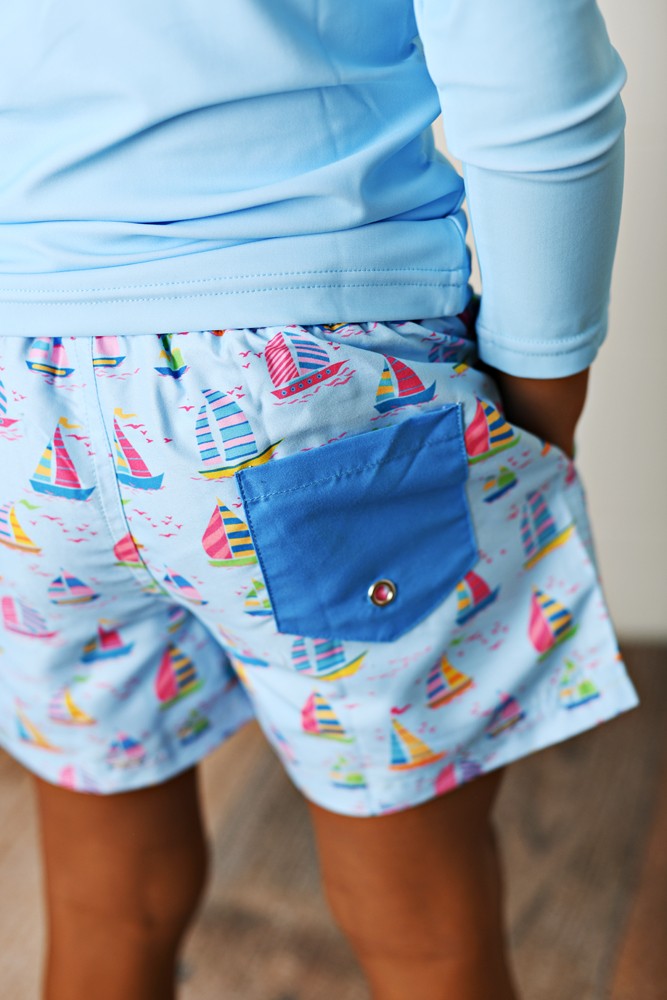 Swoon Baby Boys Swim Trunks - Blue Sailboats