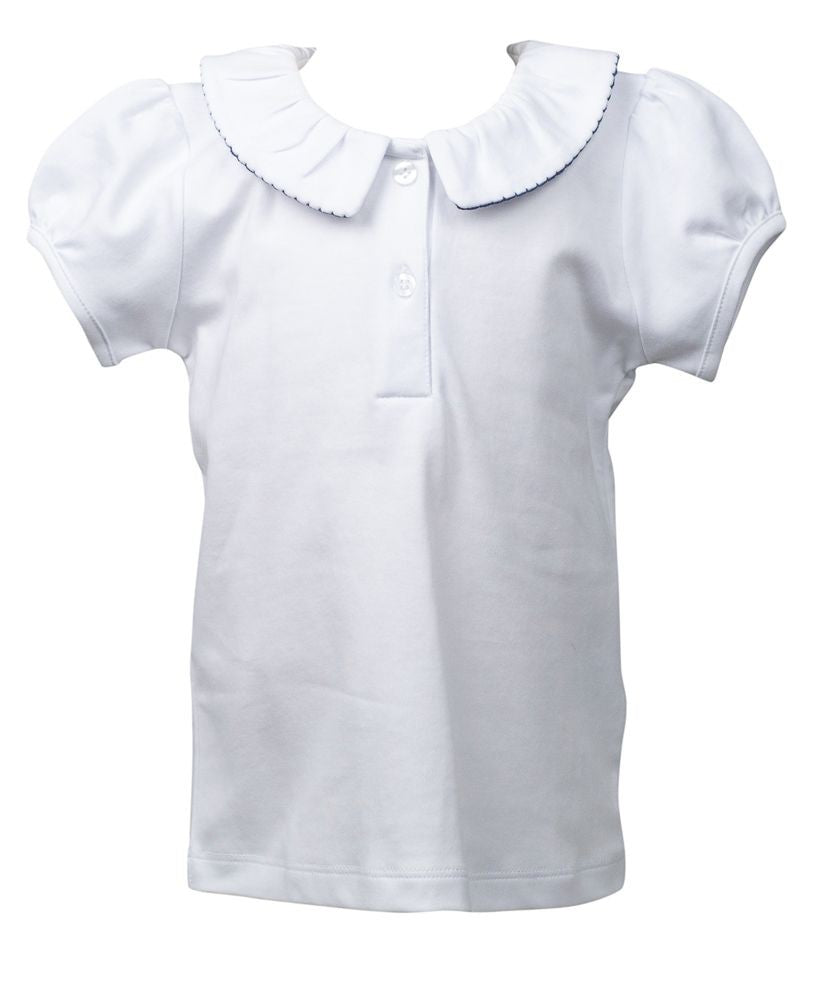 Proper Peony Girls White Knit Blouse with Collar - Trimmed in Navy Blue - Short Sleeves by Proper Peony