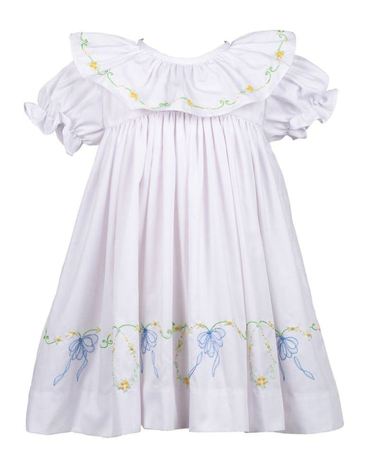 Proper Peony Girls Beatrice Bow Dress - White - Blue Bow Embroidery