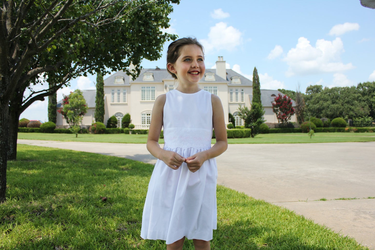 Susanne Lively Girls Sleeveless White Pique Dress with Embroidered Eyelet Waist