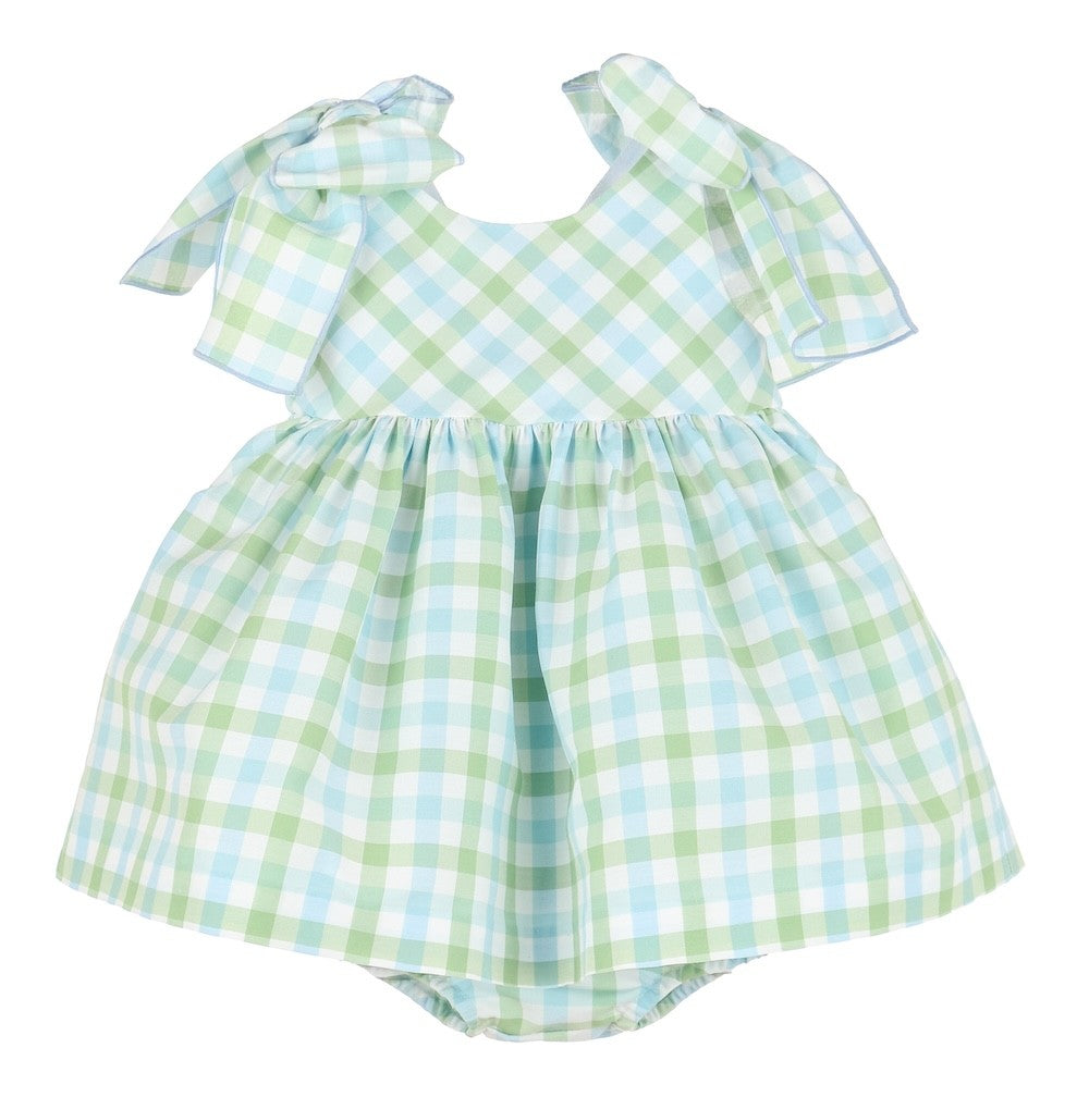Sophie & Lucas Girls Blue & Green Plaid Dress - Bows at Shoulders