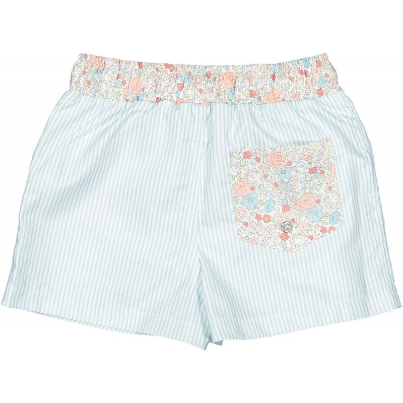 Sal & Pimenta Boys Swim Trunks - Aqua Stripes with Floral Bouquet Waist & Pocket on Back by Sal & Pimenta